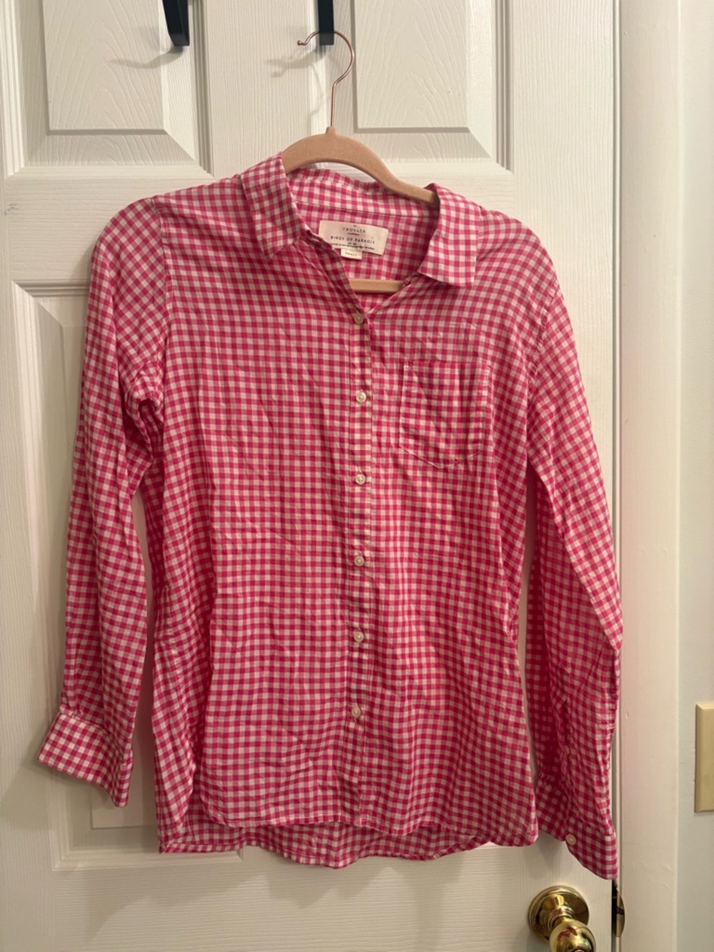 NWOT Trovata Birds of Paradise gingham button-down shirt.